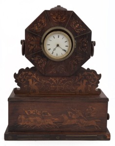 An antique mantel clock with inlaid timber case, 19th century, movement not original, (as is condition), 46cm high