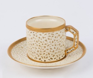GRANGER & Co. WORCESTER pierced porcelain cup and saucer, 19th century, shield mark to base, the saucer 11.5cm diameter