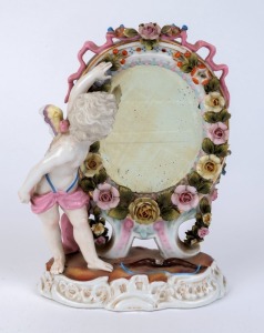 An antique German porcelain figural table mirror, 19th century, ​​​​​​​21cm high