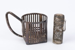 A Russian silver tea glass holder together with a filigree cannister, 20th century, (2 items), the glass holder 9cm high