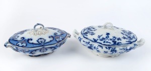 Two antique blue and white English porcelain tureens, 19th century, the larger 34cm across the handles