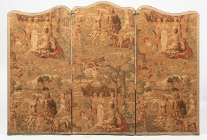 A vintage Flemish three-fold tapestry screen depicting hunting scenes, early 20th century, 116cm high, 155cm wide