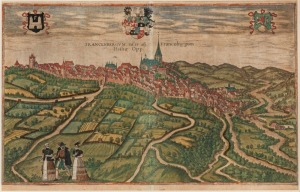BRAUN (1541 - 1622) & HOGENBERG (1535 - 1590) FRANCENBERGUM (Frankenberg, a town in Hesse) being a double-page spread birds-eye view from Volume 3 of 'CIVITATES ORBIS TERRARUM' (Cities of the World) (1581), copper engraving, hand-coloured, 31 x 49cm; attr