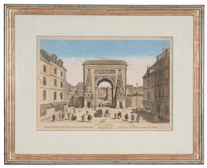 VUES D'OPTIQUE: A collection of hand-coloured engravings depicting views in various European cities, namely Rome, Paris and The Hague comprising the Trevi Fountain, Saint Peters Basilica, Porte Saint-Martin, the Gardens at Versailles, Porte St. Denis, and