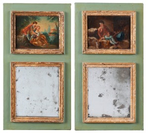 Artist Unknown, two oil paintings (a loving couple and a boy with his dog), each mounted in their original frames together with a small mirror, each being 42 x 22cm, (2 items).