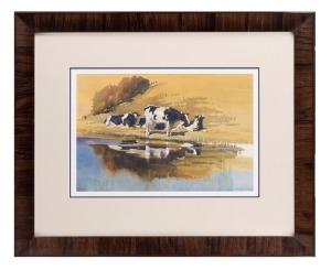 Artist Unknown, (Cows at the dam), watercolour, signed (indistinctly) lower left, ​​​​​​​25 x 38cm.