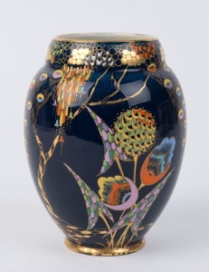 CARLTON WARE blue porcelain vase with enamel floral decoration, circa 1920, black factory mark to base, 17cm high