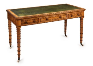 An antique faux bamboo English desk with embossed tooled leather top, 19th century, stamped "Maple, London", ​​​​​​​74cm high, 137cm wide, 66cm deep