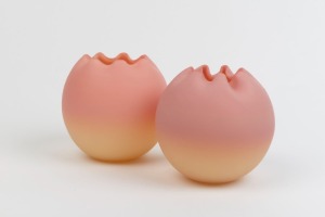 THOMAS WEBB Queens Burmese, two spherical vases with frilled rims, 15cm high