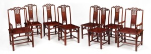 A set of eight Chinese carved rosewood dining chairs including two carvers, 20th century, the carvers 52cm across the arms