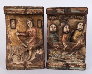 A pair of medieval style carved wooden plaques with polychrome finish, 20th century,  36cm high
