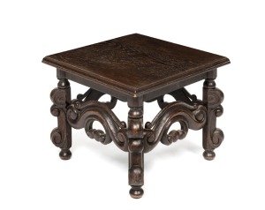 A French oak Baronial style occasional table, early 20th century, ​​​​​​​34cm high, 42cm wide, 42cm deep