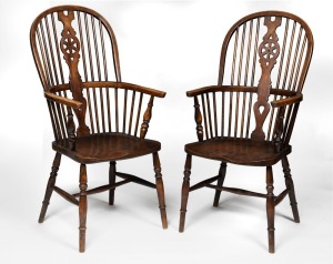 A pair of English Windsor armchairs, elm and beech, 19th century, 112cm high, 51cm across the arms
