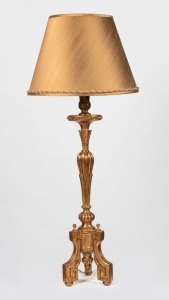 An antique style carved wood and gilt finish torchiere table lamp and shade, 20th century 113cm overall