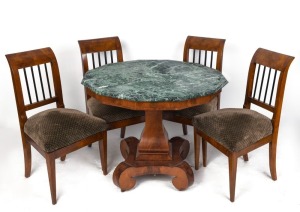 An antique Biedermeier octagonal table and four matching chairs, mahogany with green marble top, 19th century, 76cm high, 85cm wide, 85cm deep