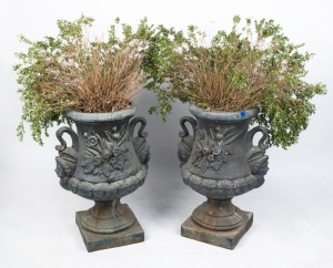 A pair of antique style cast bronze garden urns, 90cm high
