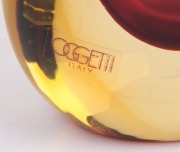 LUIGI ONESTO sommerso teardrop Murano glass vase in cranberry and golden yellow, incised "Luigi Onesto, Murano, Italy" with original "Oggetti" label, 25.5cm high - 2