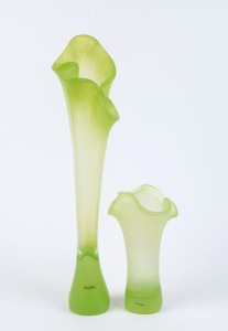 KOSTA BODA two "Funghi" green art glass vases by ULRICA HYDMAN VALLIEN, incised marks to base and factory labels present, 44cm and 21cm high