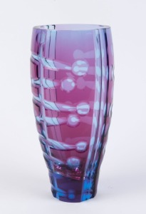 BORSKÉ SKLO "Dual" series Czechoslovakian ruby and amethyst art glass vase with wheel cut decoration designed by KAREL WÜNSCH, 26cm high