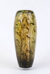 An Australian green art glass vase, signature to base (illegible), 31cm high