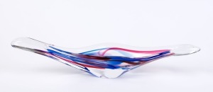 A long art glass console bowl with blue and red swirling decoration, engraved signature to base (illegible), 45cm wide