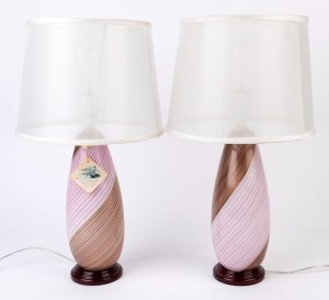 DINO MARTENS pair of mezza filigrana Murano glass table lamps, circa 1960, with original card labels, 40cm high, 54cm high with shades