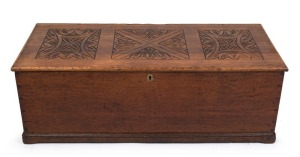 An antique English oak blanket box with carved top, 19th century, internal candle box with two secret drawers, 43cm high, 124cm wide, 52cm deep