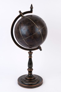 A globe of the world with embossed leather finish and metal stand, circa 2000, 74cm high