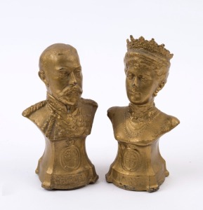 King George V and Queen Mary pair of cast spelter busts with gold painted finish, early 20th century, ​​​​​​​13.5cm high