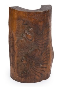 A Japanese carved elm stump plaque, 20th century, 64cm high, 40cm wide, 14cm deep