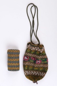 An antique French beadwork bodkin case together with a beadwork purse, 18th century, (2 items), ​​​​​​​the bodkin case 7.5cm high