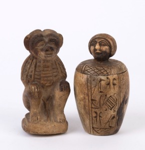Egyptian carved sandstone Thoth statue and a lidded jar, 20th century, (2 items), 12cm high