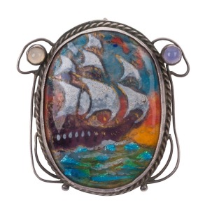 GEORGE HUNT stunning English enamel brooch with galleon scene in silver mount set with two moon stones, sign "G. HUNT, 1922", 4cm high