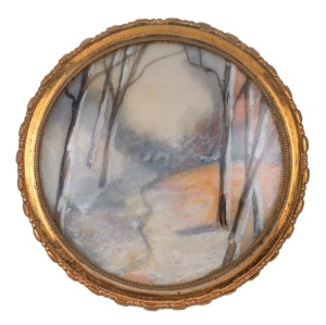 GEORGE HUNT (attributed) English circular enamel brooch with winter landscape scene, set in silver, circa 1930, 4cm diameter