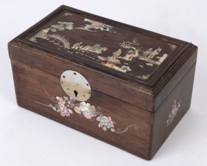 An antique Vietnamese wedding jewellery casket, ebony and mother of pearl, 19th century, ​11.5cm high, 21.5cm wide, 12.5cm deep