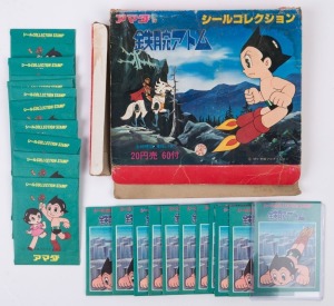ASTRO BOY/MIGHTY ATOM: original retail display box (wear & tear), containing 22 mini sticker packs, issued prior to the 1980 release of the Japanese NTV anime television series, based on the Osamu Tesuka manga comic strip, first serialized in 1952; sticke