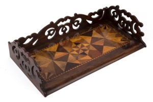 An antique Spanish inlaid timber folding bookstand tray, with original paper label, 19th century, ​45cm wide,