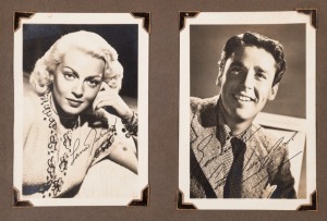 AMERICAN FILM ACTORS & ENTERTAINERS: black & white publicity photographs (between 11x6cm & 18x13cm) housed in photograph album, most with facsimile/reproduction signatures, including MGM types for Clark Gable, Hedy Lamarr, Robert Taylor, James Stewart & 