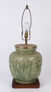A Chinese celadon glazed pottery table lamp and shade, ​​​​​​​70cm high overall