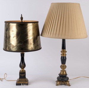 Two Italian gilt metal and stone table lamps with shades, mid 20th century, ​​​​​​​77cm and 67cm high