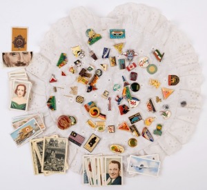 1988 WORLD  'EXPO' - BRISBANE: collection of souvenir pin/buttonhole badges (50+), mounted on a cotton doily; also vintage cigarette trading cards, mostly Gallaghers 'Champions of Screen & Stage" (48), few others, mostly military-related. (100+ items)