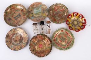 Nine assorted cigar label decoupage glass dishes together with three vintage figural glass bottles with bakelite tops, 20th century, (12 items), ​​​​​​​the largest dish 15cm diameter