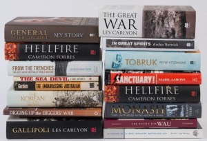AUSTRALIA AT WAR, including The Battle for Wau by Bardley, A History of 2/18th Infantry Battalion AIF by Silver, Gallipoli by Carlyon, The Korean War by Forbes, The Embarrassing Australian by Gordon, etc. (17 volumes).