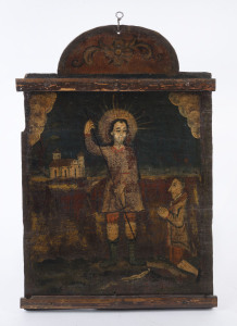An antique religious icon, hand-painted on board, South American, 18th century, ​54 x 37cm