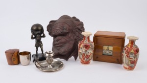 Pair of Satsuma export ware vases, silver plated candle holder, Aboriginal wall plaque, novelty "Atlas" table cigar lighter, musical jewellery box and pocket cup set in leather case by W.M.F. 19th and 20th century, (7 items), the largest 18cm high