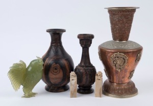 Two Chinese carved stone chop seals, a copper vessel, carved jade rooster statue and two wooden vases, 20th century, (6 items), ​the largest 27cm high