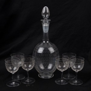 Glass decanter and matching set of six glasses with etched Fleur-De-Lis pattern, 19th century, (7 items), ​the decanter 30cm high