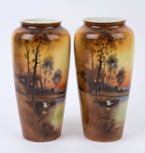 NORITAKE pair of Japanese porcelain mantel vases with hand-painted landscape scenes, 20th century, stamped "Noritake, Made In Japan", ​26.5cm high