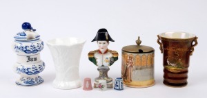 Three porcelain thimbles, Meissen "Napoleon" bust, Carlton Ware "Rouge Royale" vase, Royal Doulton "Katherine" jam pot, Coalport white porcelain vase and a Dutch porcelain jam pot, (8 items), the bust 13cm high