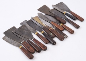Fifteen assorted antique putty knives and scrapers, steel with rosewood and ebony handles
